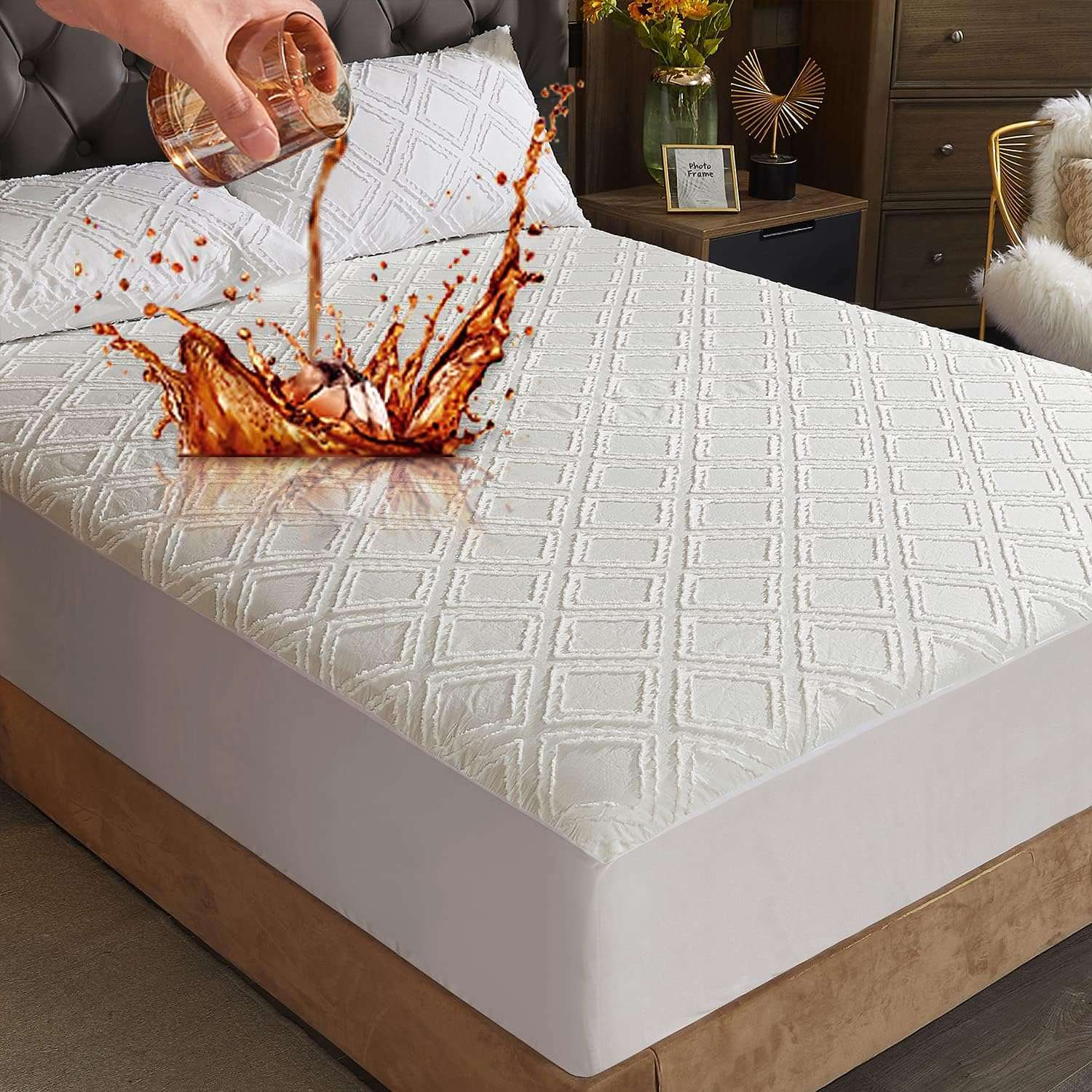 Side view of white quilted waterproof mattress pad