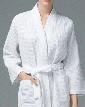 100% cotton waffle bathrobe displayed folded with belt